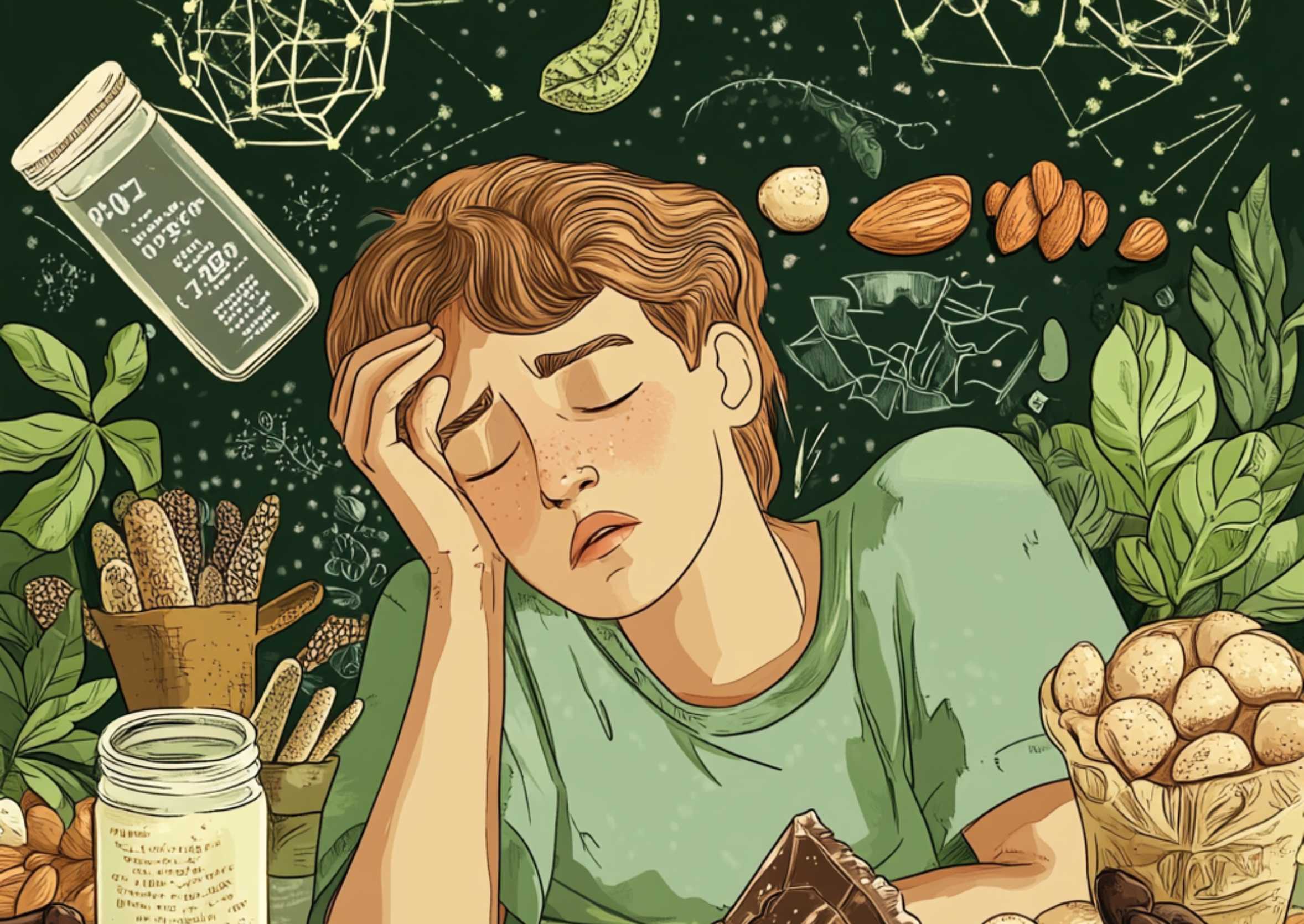 Illustratie van een vermoeide persoon omringd door voeding – visuele weergave van mogelijke symptomen bij magnesiumtekort